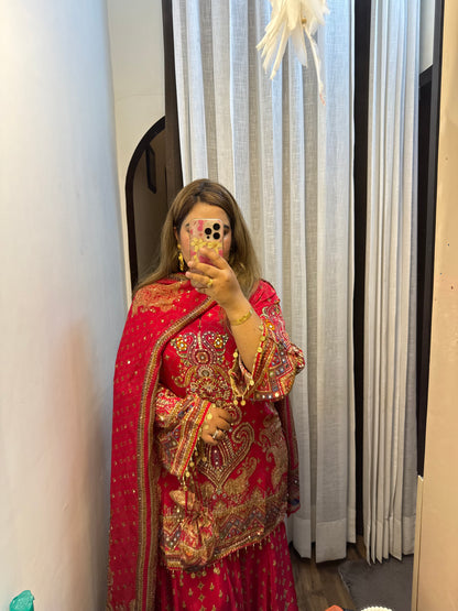 Khwaab Royal Red Pure Crepe Sharara Suit With Potli