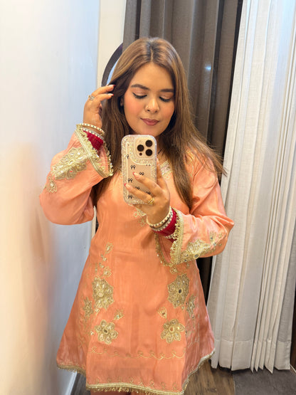 Peach Gotta & Mirror Work Glass Tissue Premium Co-ord With Potli