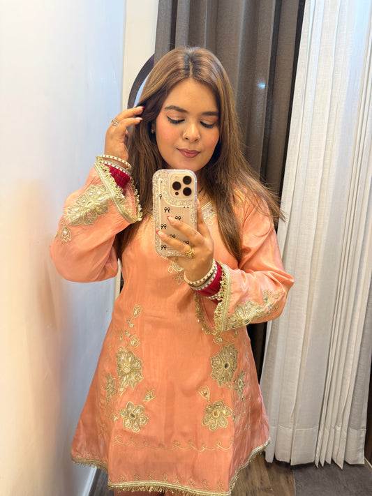 Peach Gotta & Mirror Work Glass Tissue Premium Co-ord With Potli