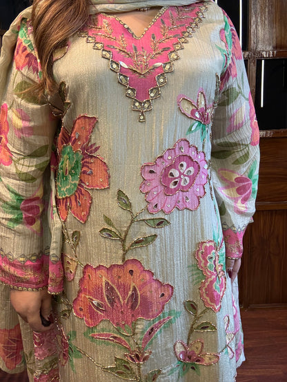 Mehreen A-line Crushed Tissue Suit with Handwork ✨