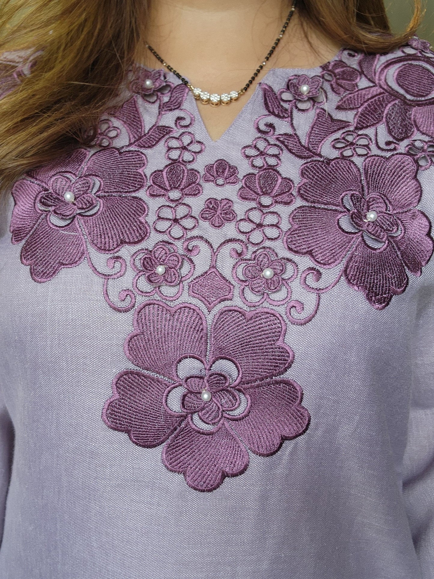 Lavender Floral Pearl Cutwork Embroidered Co-ord Set