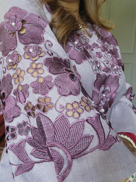 Lavender Floral Pearl Cutwork Embroidered Co-ord Set