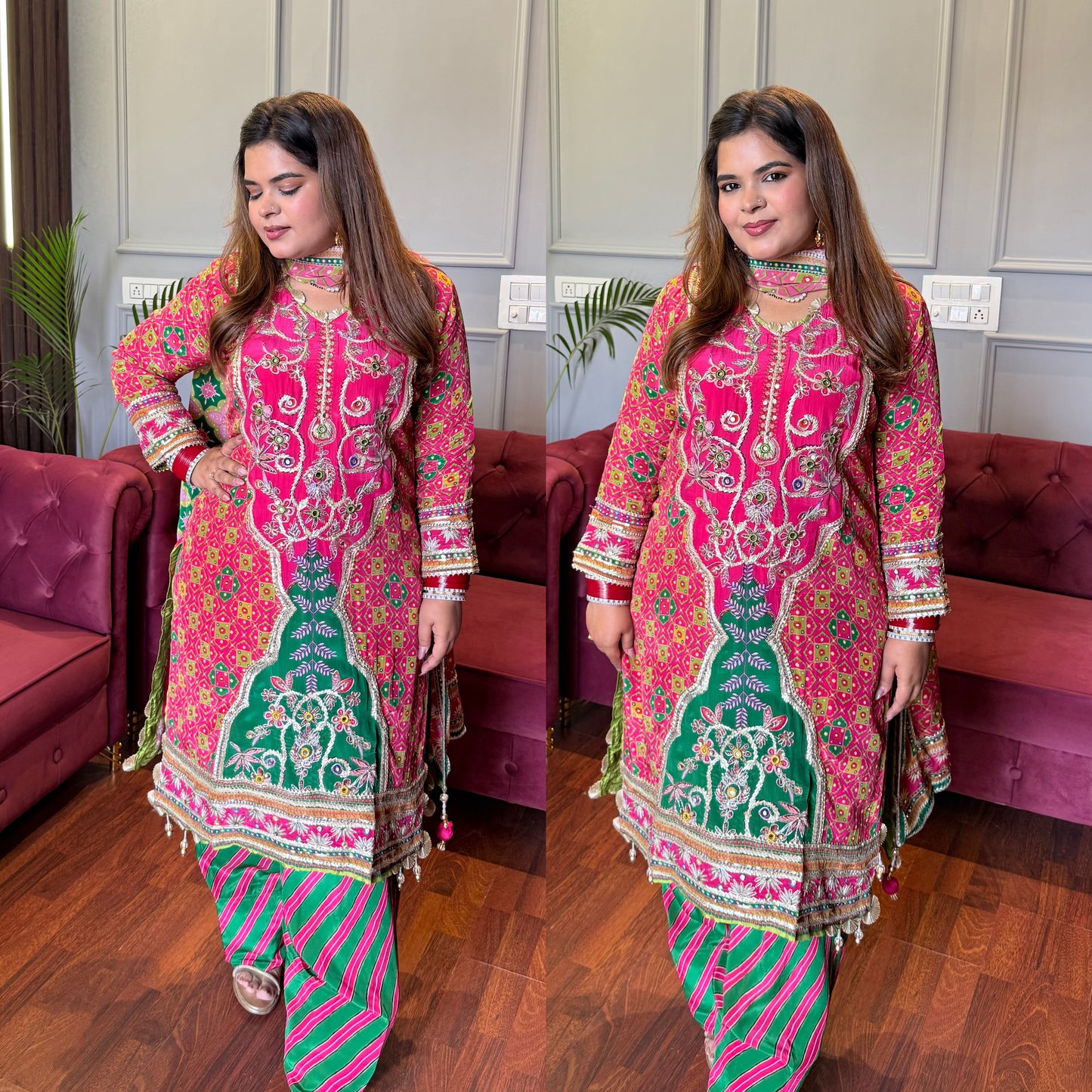 Designer Pure Crepe Pink & Green Farshi Digital Printed Suit with Handwork ✨💕