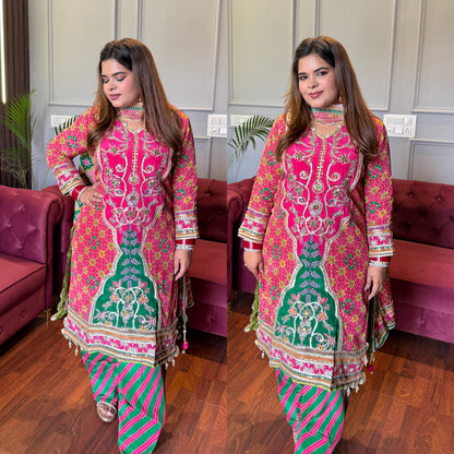 Designer Pure Crepe Pink & Green Farshi Digital Printed Suit with Handwork ✨💕