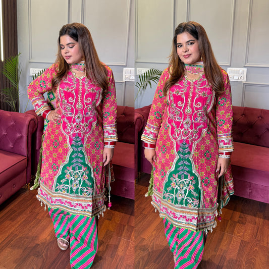 Designer Pure Crepe Pink & Green Farshi Digital Printed Suit with Handwork ✨💕