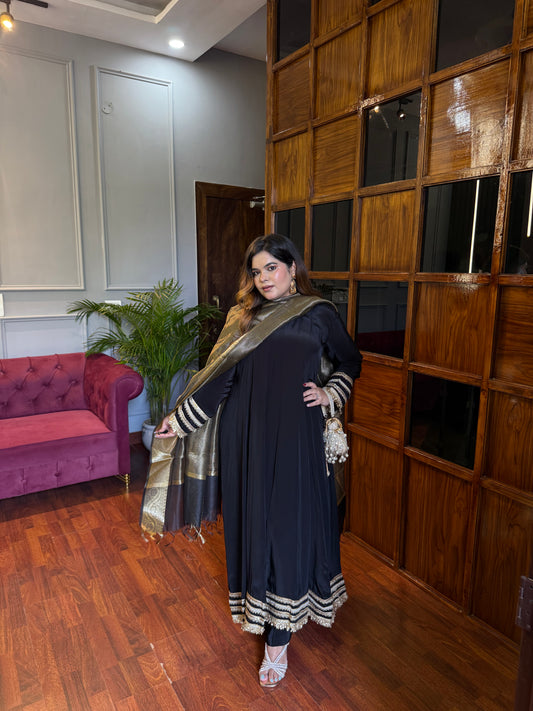 Sehar Black Pure Crepe Anarkali Gotta Lace Suit with Banarasi Silk duppatta