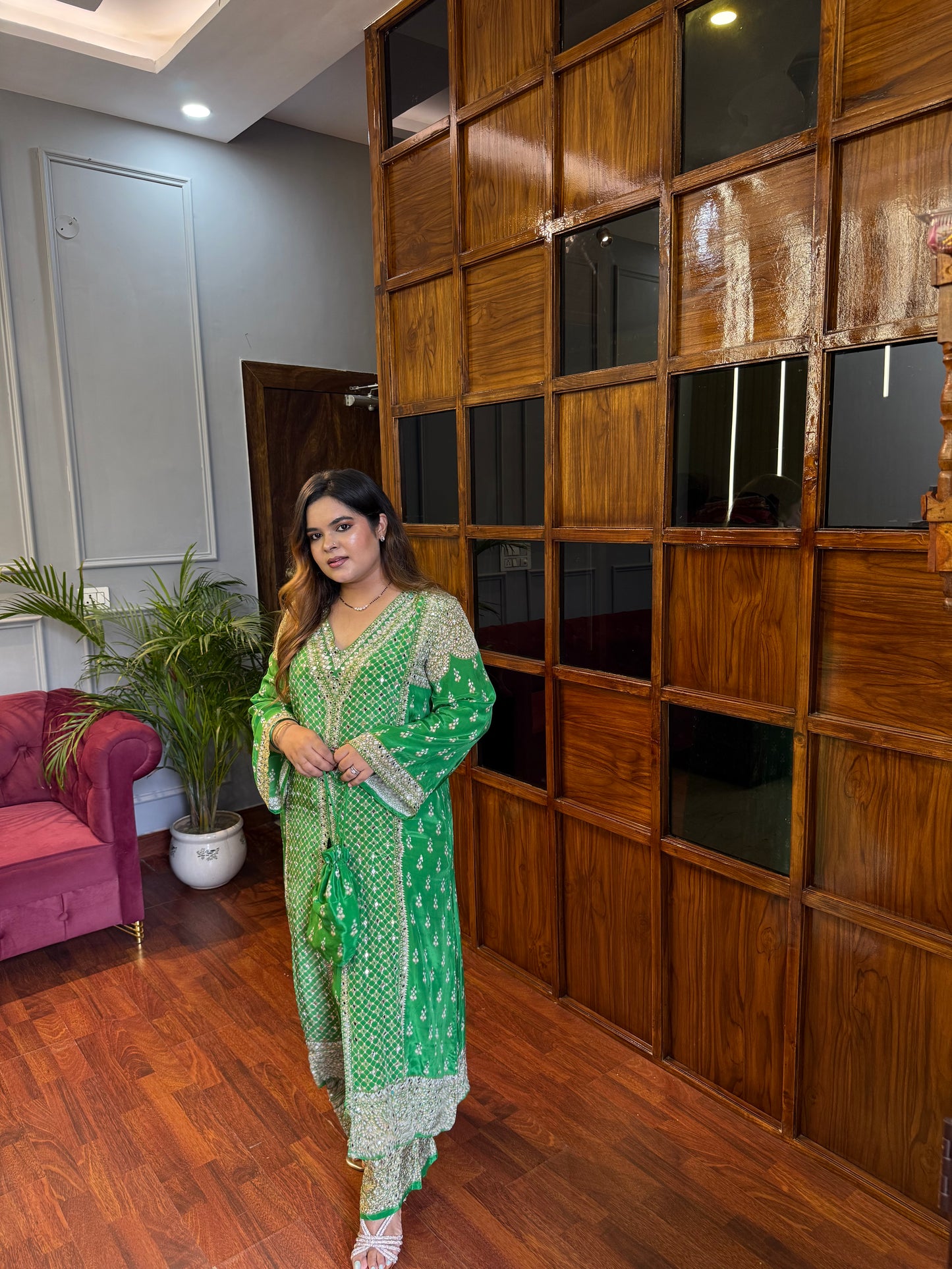 Pure Crepe Designer Mirror Work Outfit with Potli ✨