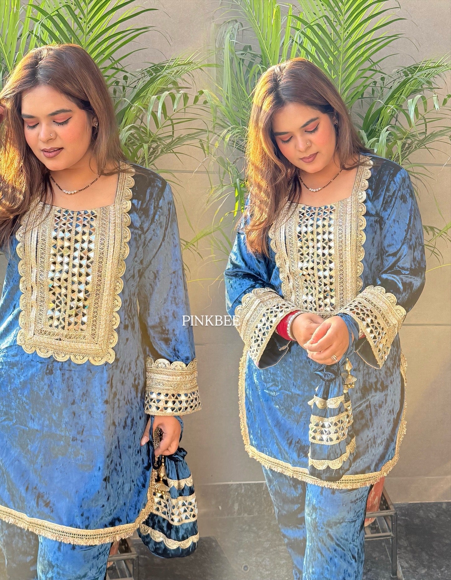 Jasmine Blue Velvet Three Piece Set with Potli