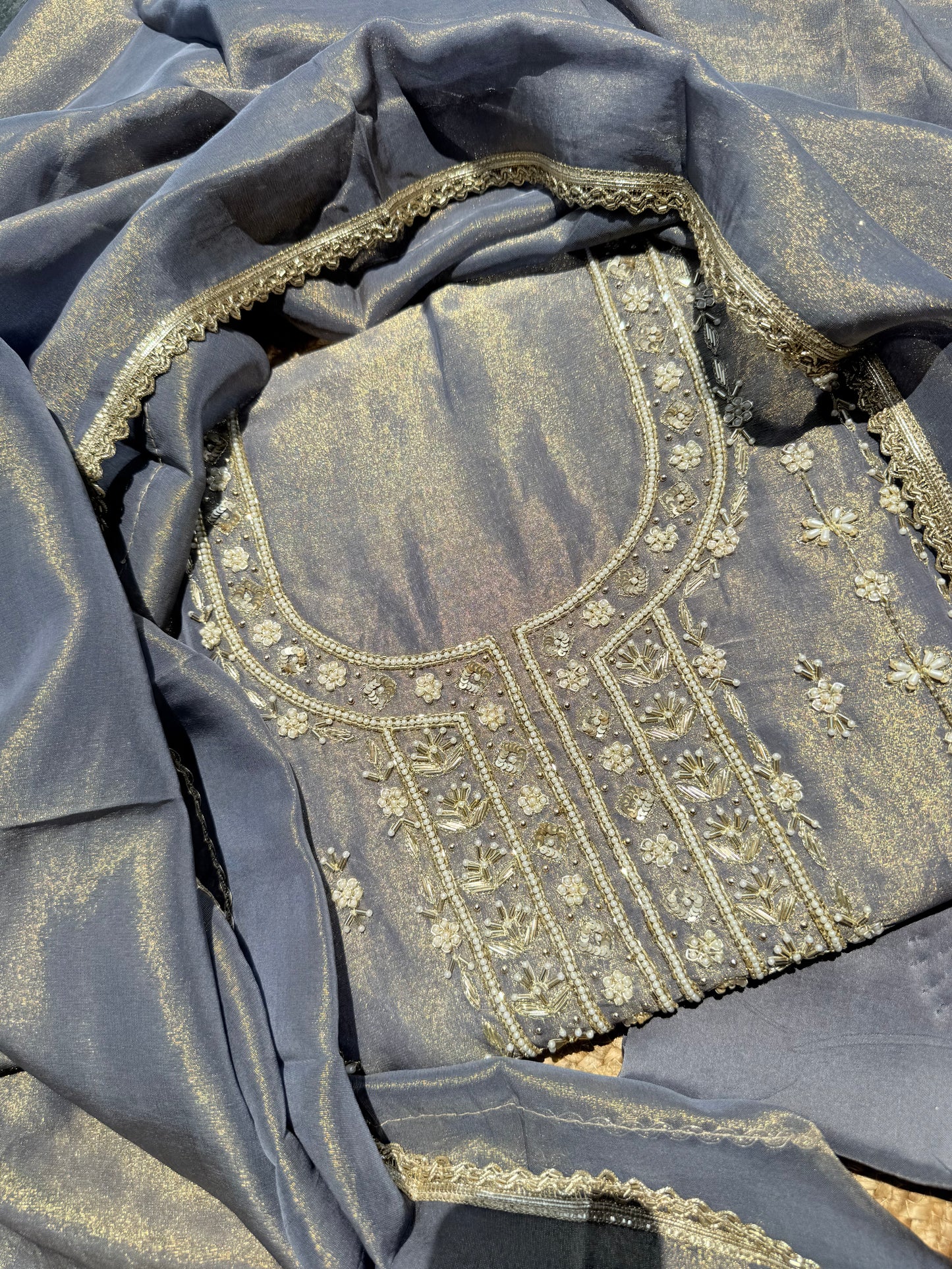 Pure shimmer handwork suit with pure opada silk lowers 🌸