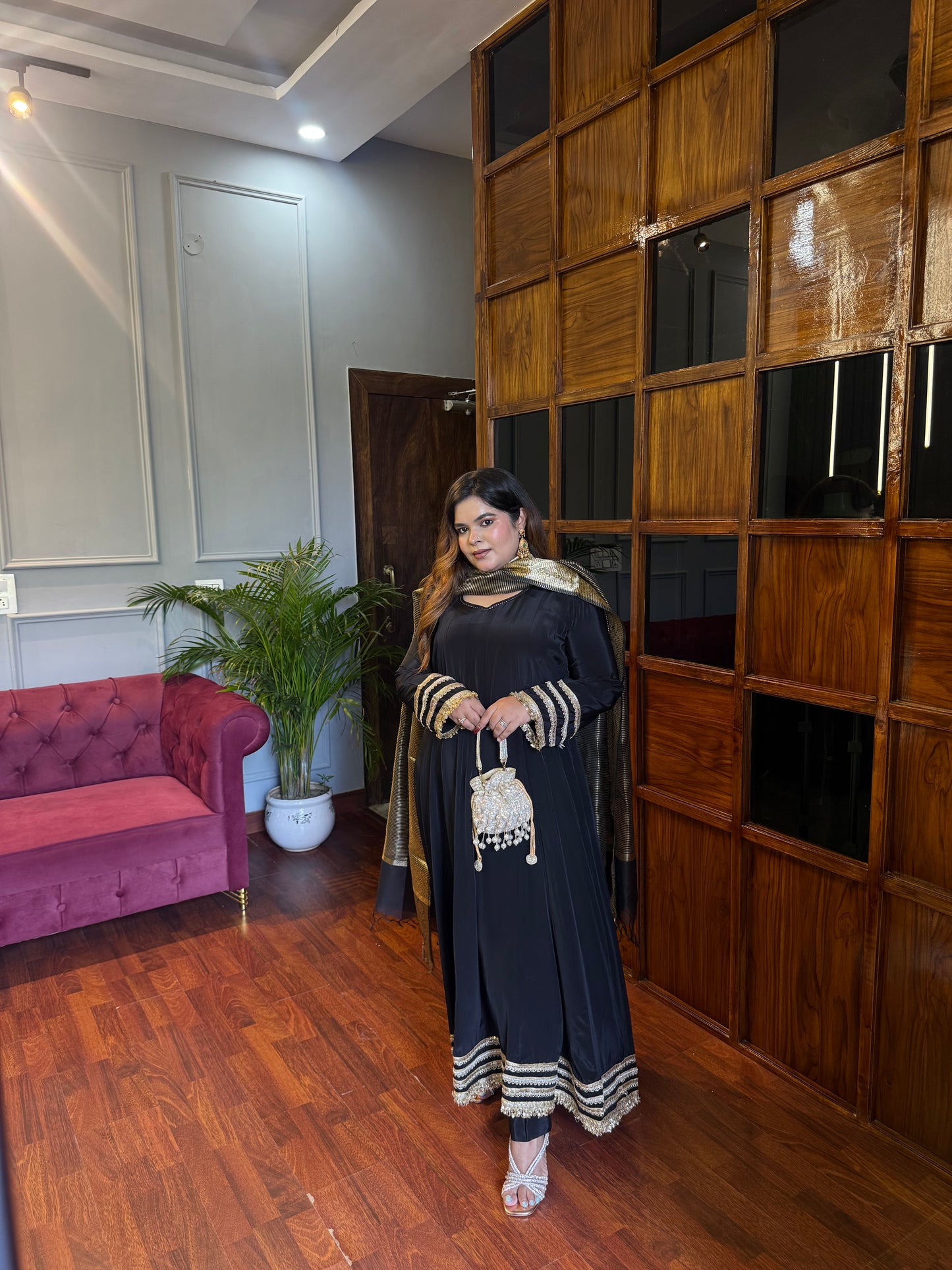Sehar Black Pure Crepe Anarkali Gotta Lace Suit with Banarasi Silk duppatta