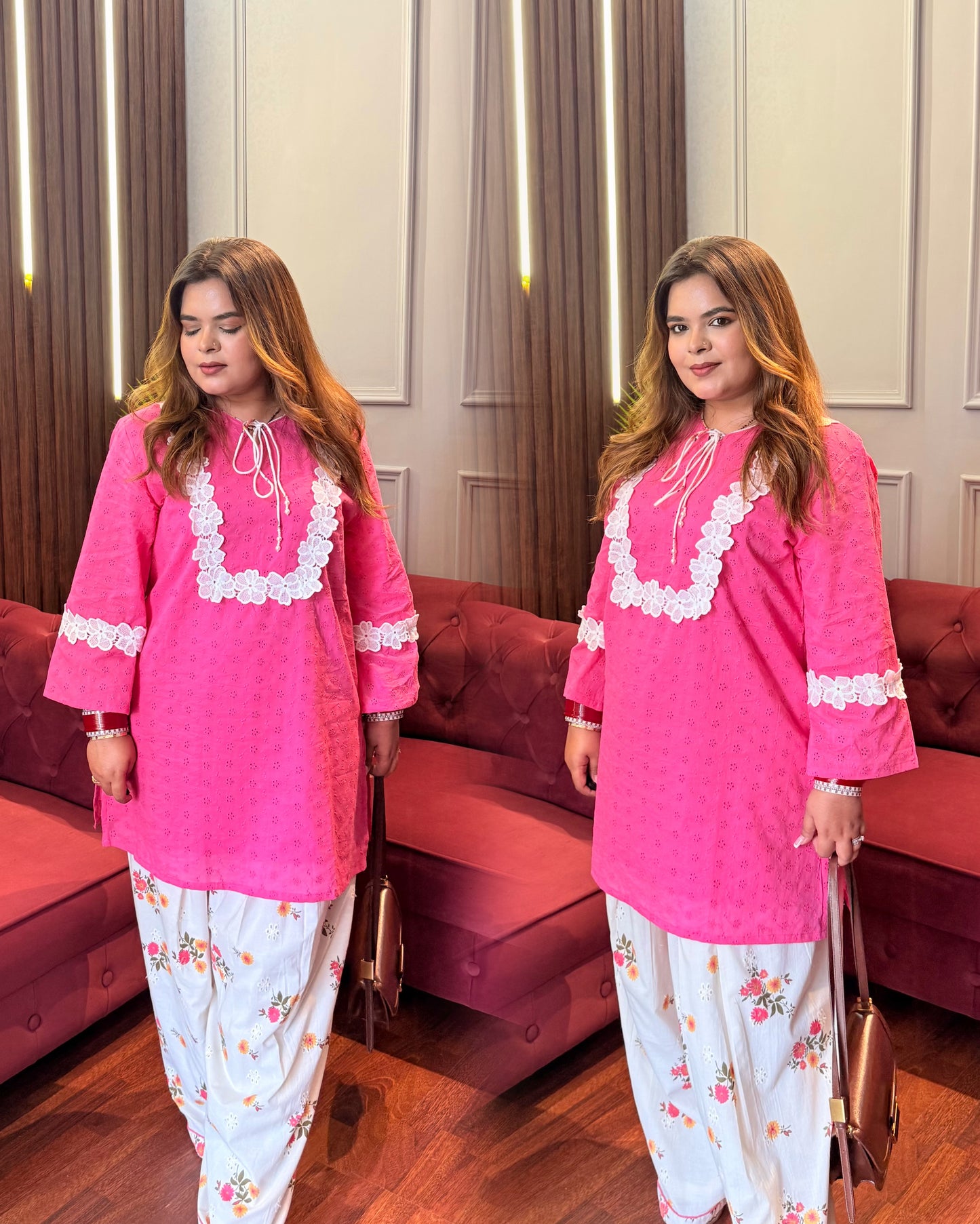 Pink Cotton Schiffli Farshi Salwar Co-ord Set with lining 🌸