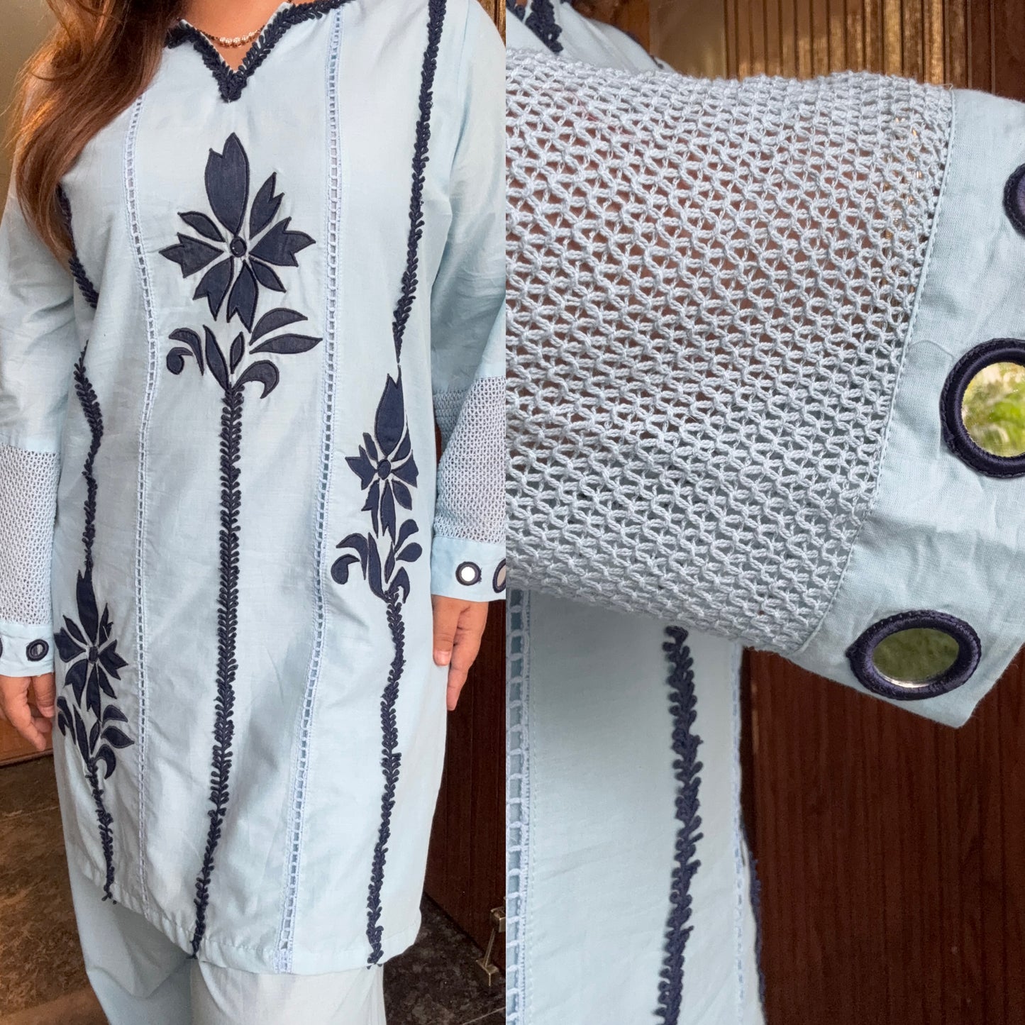 Elegant Co-ord Set With Stylish Sleeves, Laces & Handwork
