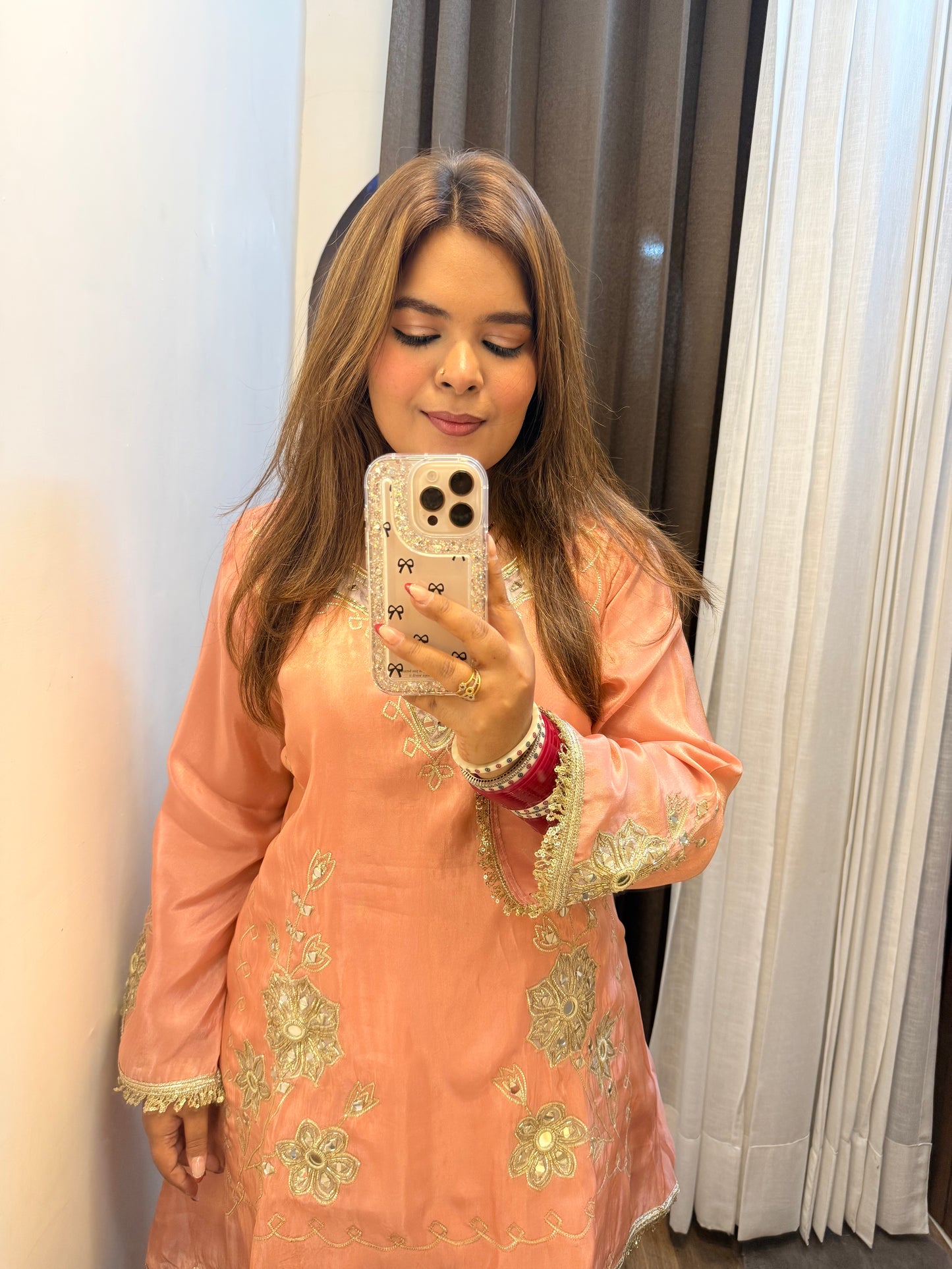 Peach Gotta & Mirror Work Glass Tissue Premium Co-ord With Potli