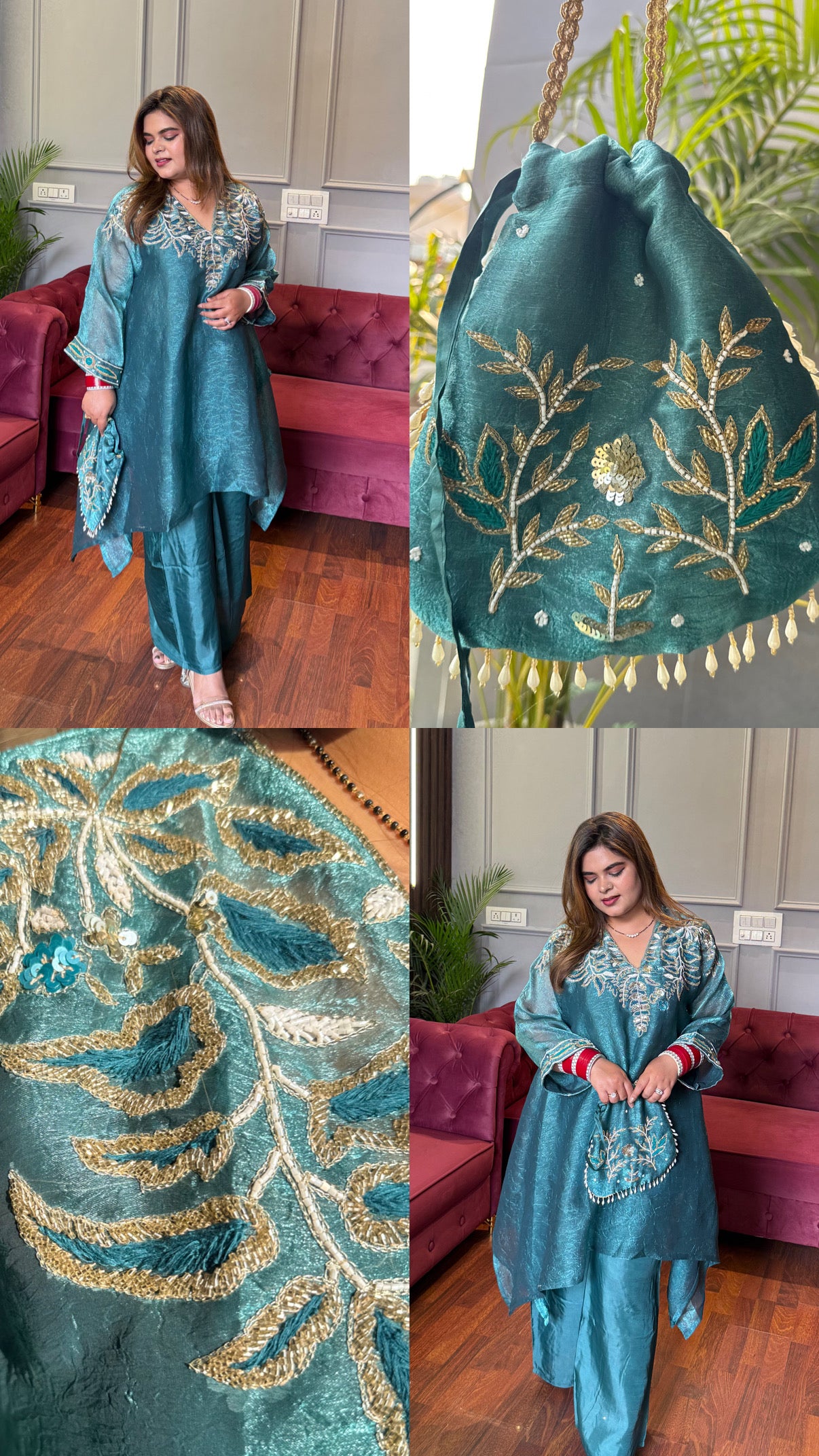 Designer Pure Tissue Handwork Co-ord Set With Potli ✨