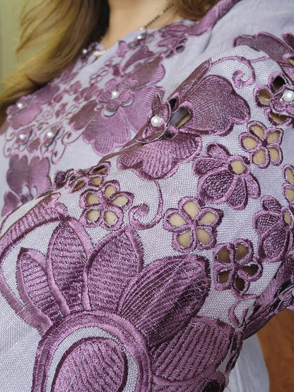 Lavender Floral Pearl Cutwork Embroidered Co-ord Set
