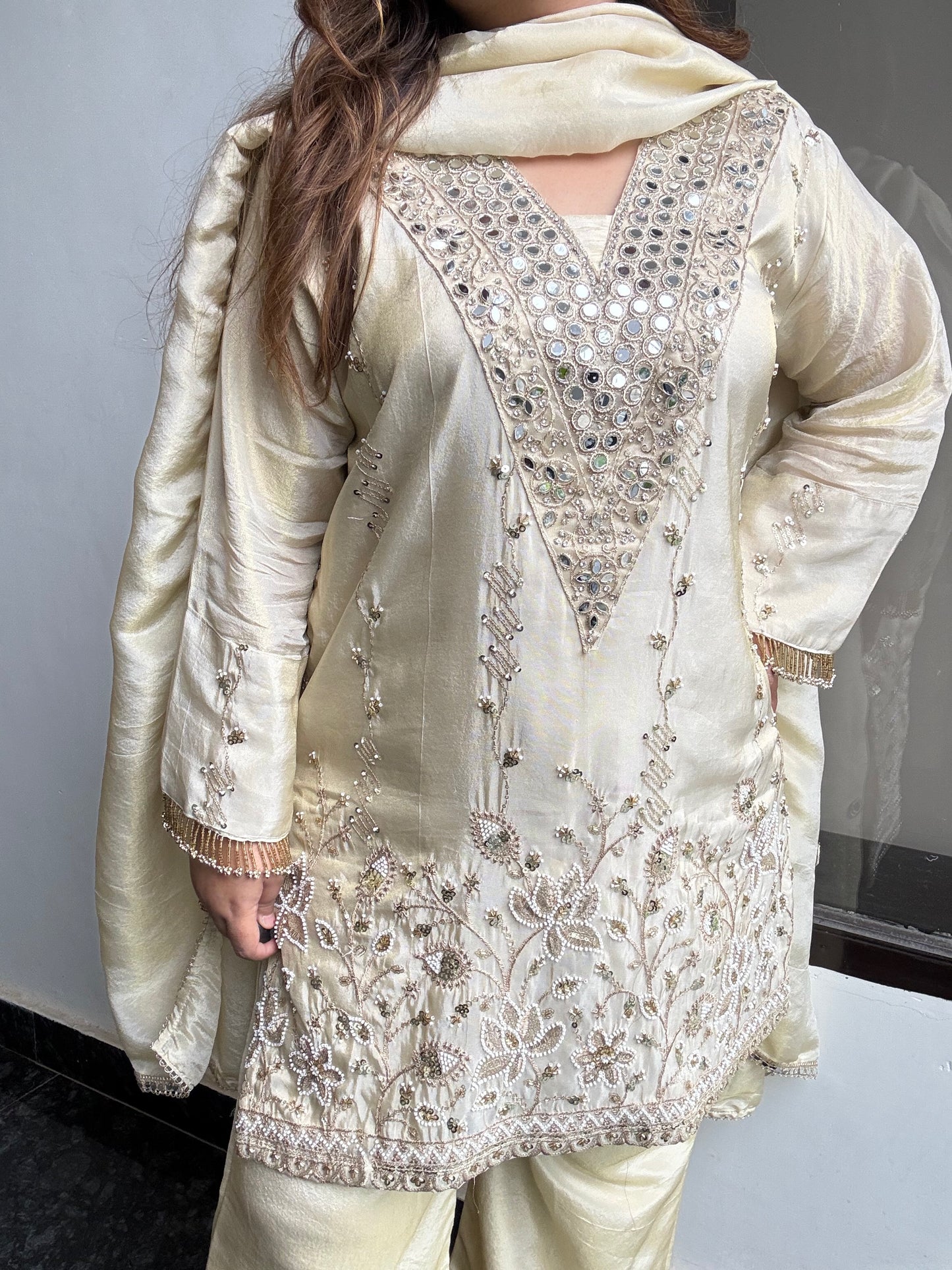 Silk Tissue Suit in Ivory Gold With Handwork (full lining)