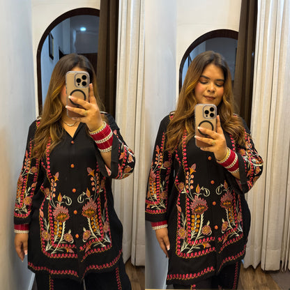 Black Colourful Embroidered Co-ord Set