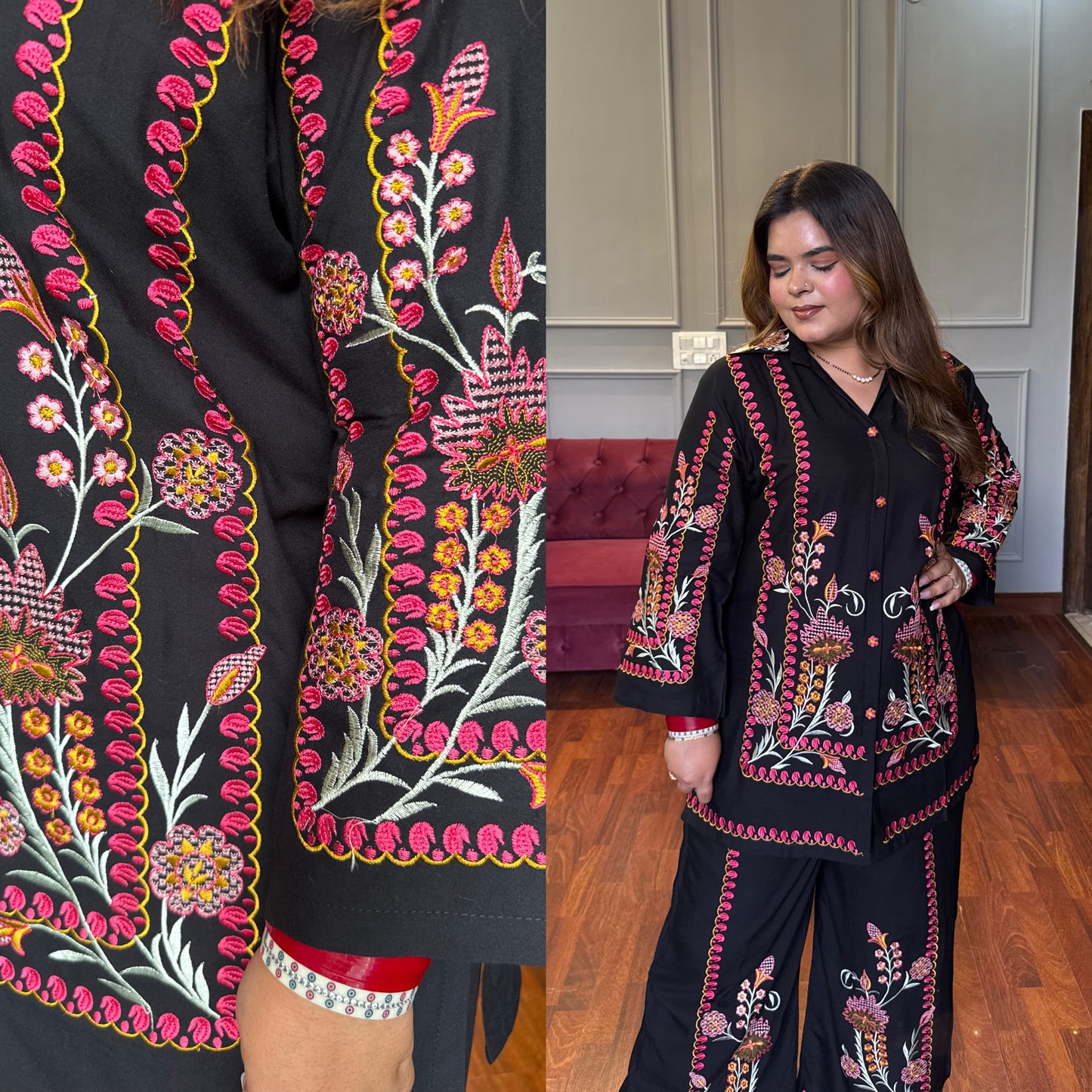 Black Colourful Embroidered Co-ord Set