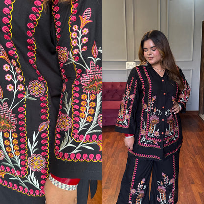 Black Colourful Embroidered Co-ord Set