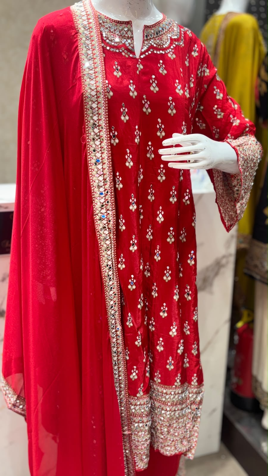 Maharani Designer Pure Crepe Anarkali Suit with Original Mirror Work