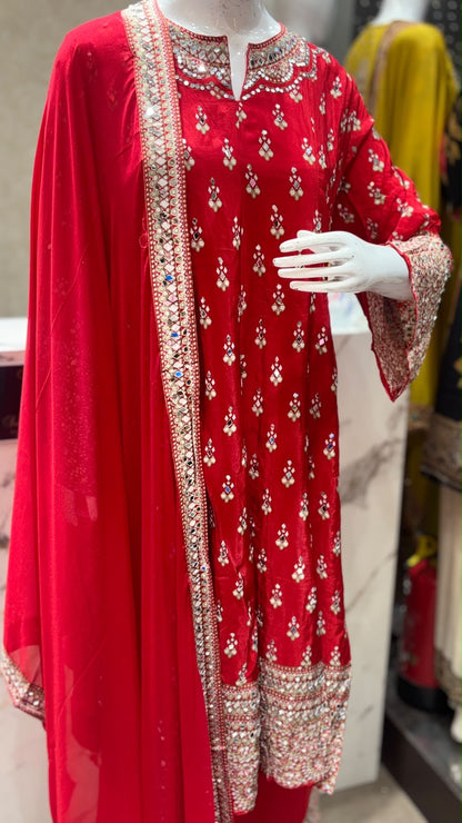 Maharani Designer Pure Crepe Anarkali Suit with Original Mirror Work