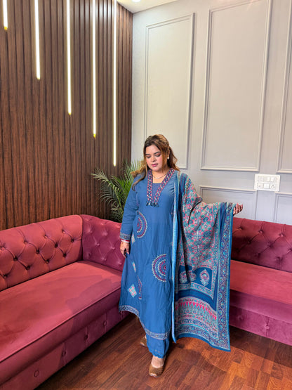 Pure Cotton A-line Suit With Ajrakh Printed Duppatta
