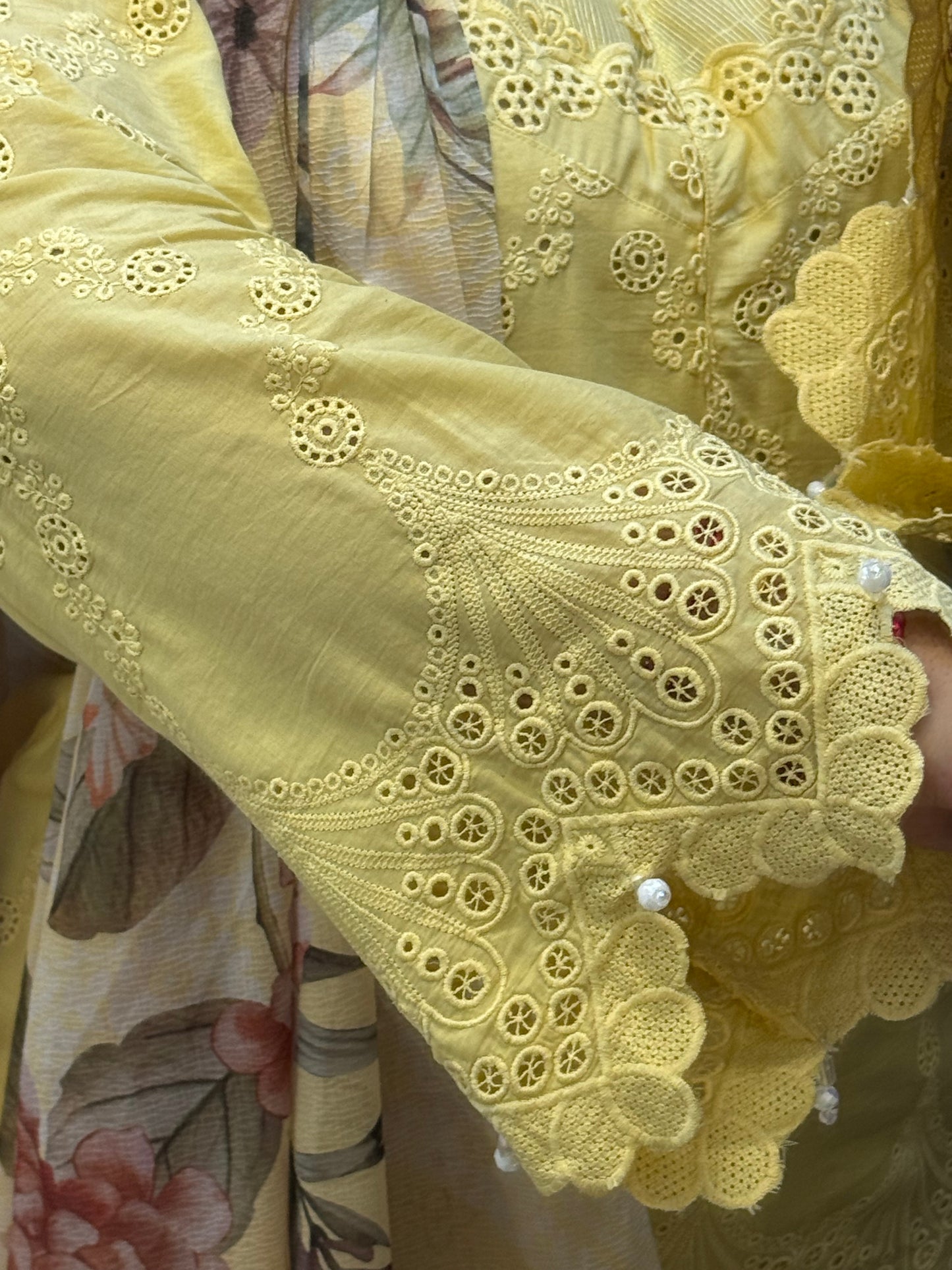 Butter Yellow Pakistani Premium Schiffli Cotton Suit With Floral Duppatta 🌻