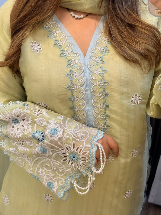 Pastel Pakistani Premium Suit with Cutwork Pants & pearl detailing