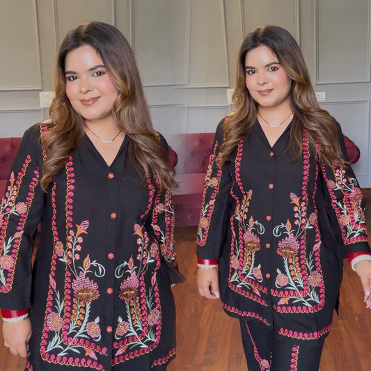 Black Colourful Embroidered Co-ord Set