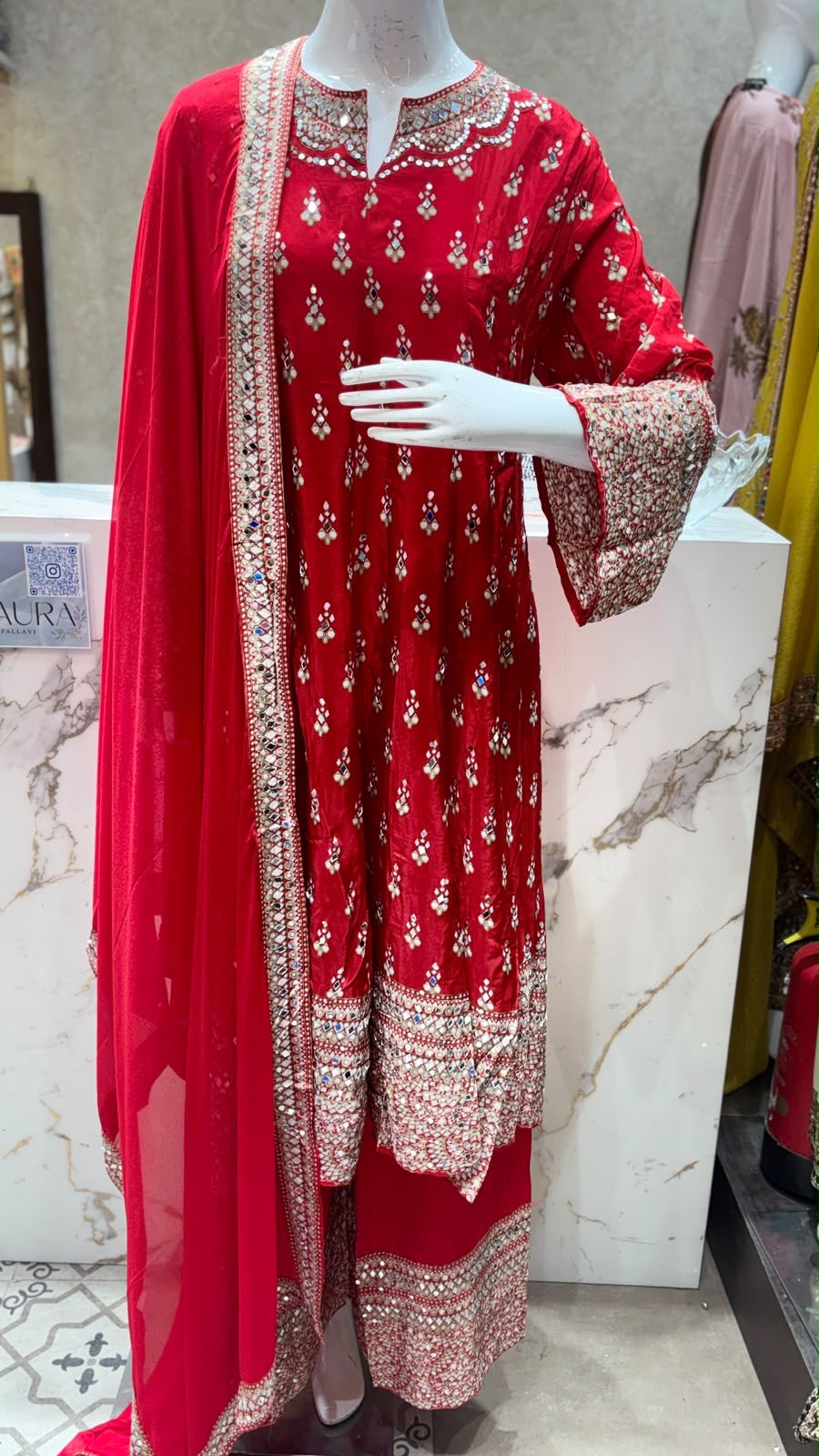 Maharani Designer Pure Crepe Anarkali Suit with Original Mirror Work