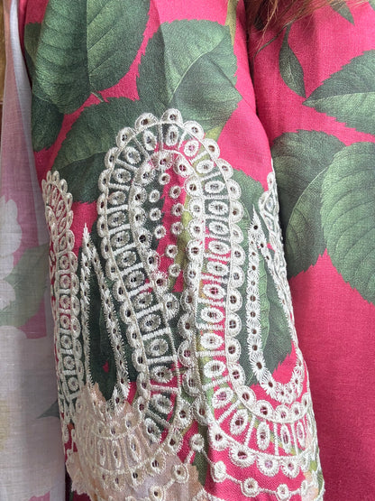 Floral Pink Soft Cotton Suit with Lace work