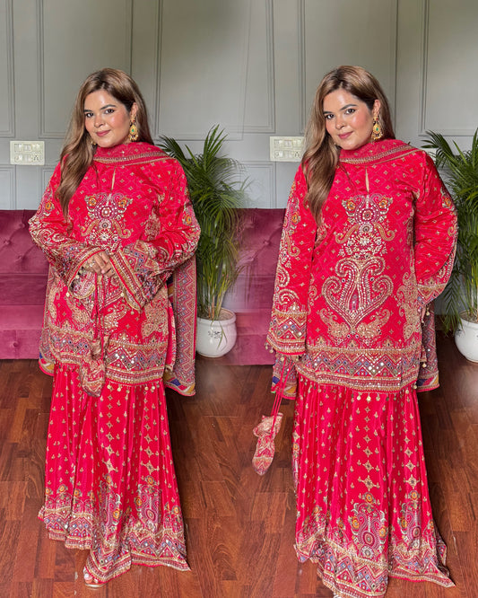 Khwaab Royal Red Pure Crepe Sharara Suit With Potli (Best seller)