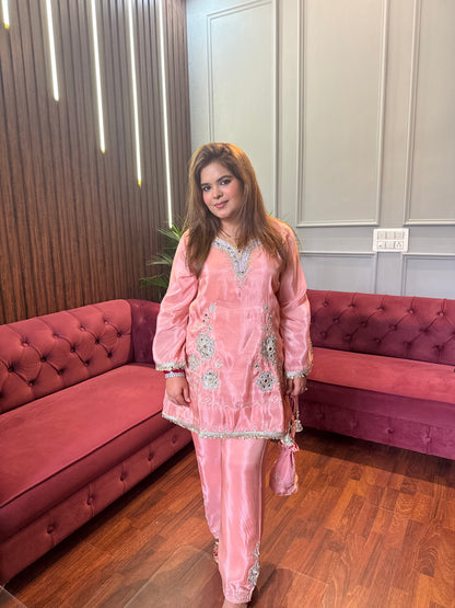 Peach Gotta & Mirror Work Glass Tissue Premium Co-ord With Potli
