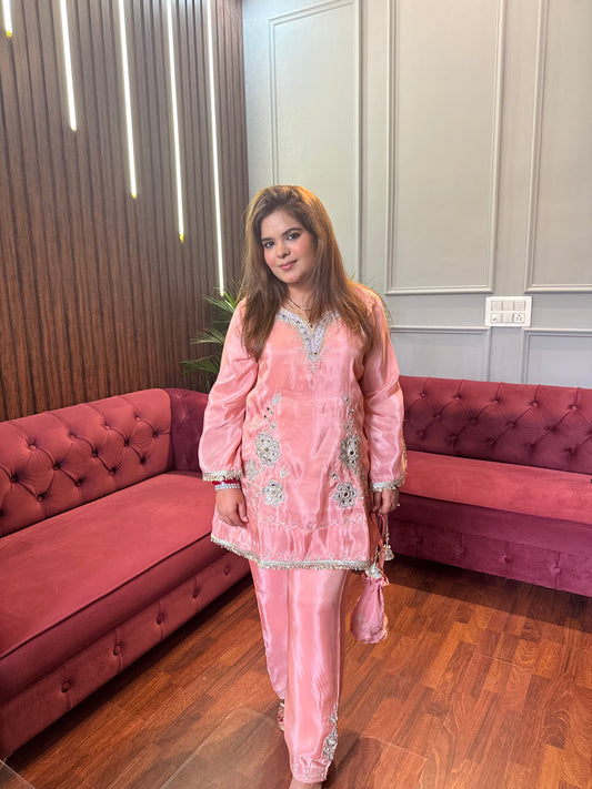 Peach Gotta & Mirror Work Glass Tissue Premium Co-ord With Potli