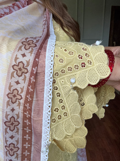 Butter Yellow Pakistani Premium Schiffli Cotton Suit With Floral Duppatta 🌻