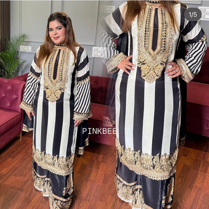 Designer Pure Crepe Strips Digital Printed Suit With Handwork ✨