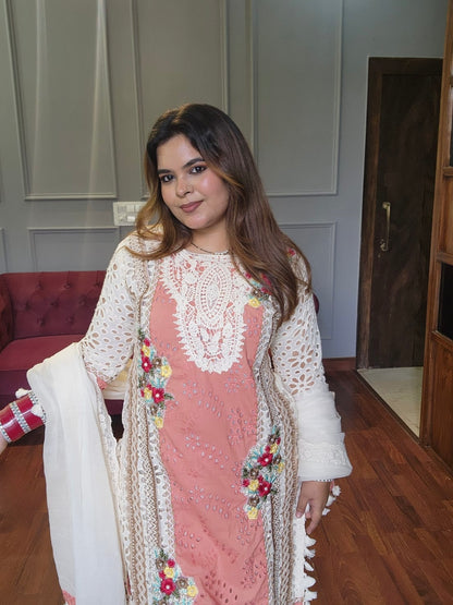 Designer Schiffli Cotton Suit With Lace Duppatta