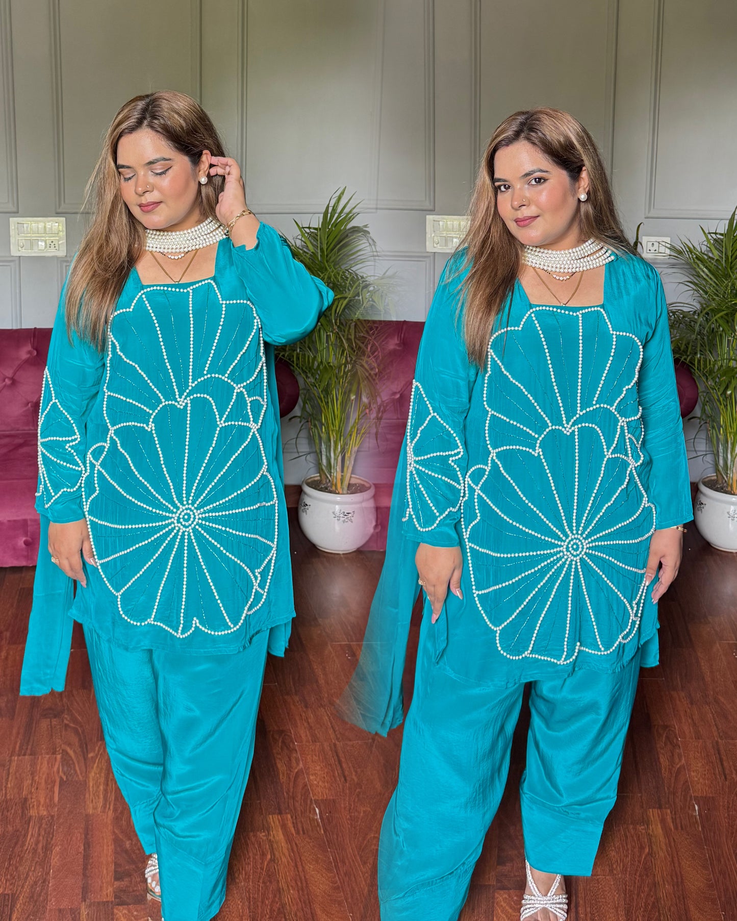 Pure Crepe Designer Pearls Farshi Salwar Suit with Choker Duppata (Firozi)