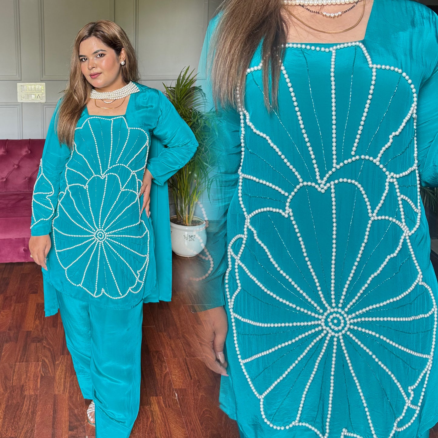 Pure Crepe Designer Pearls Farshi Salwar Suit with Choker Duppata (Firozi)