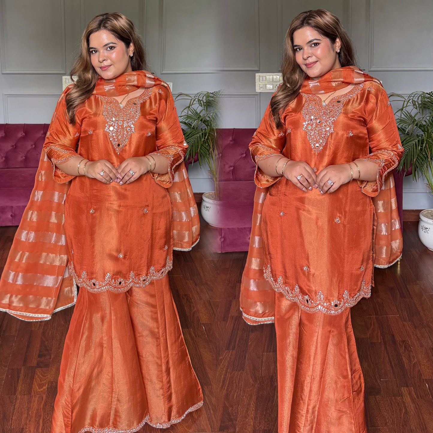 Rust Orange Silk Tissue Suit with Handwork (Full lining)