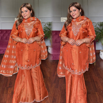 Rust Orange Silk Tissue Suit with Handwork (Full lining)