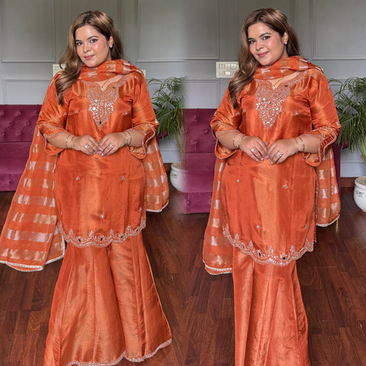 Rust Orange Silk Tissue Suit with Handwork (Full lining)