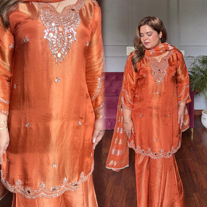 Rust Orange Silk Tissue Suit with Handwork (Full lining)