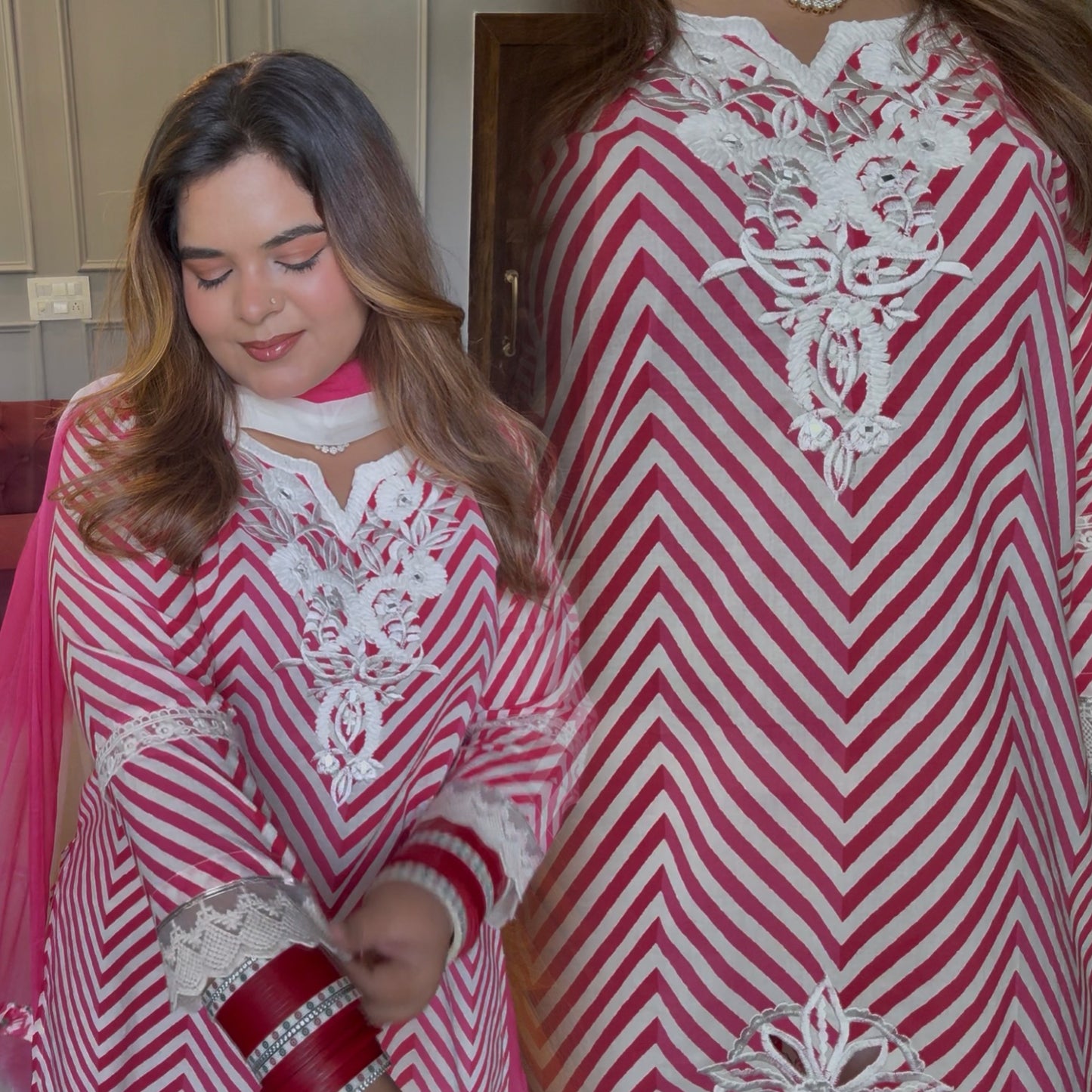 Gulabi cutwork embroidered kurta with farshi salwar & tie & dye Duppata 🌷