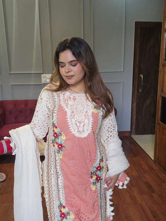 Designer Schiffli Cotton Suit With Lace Duppatta