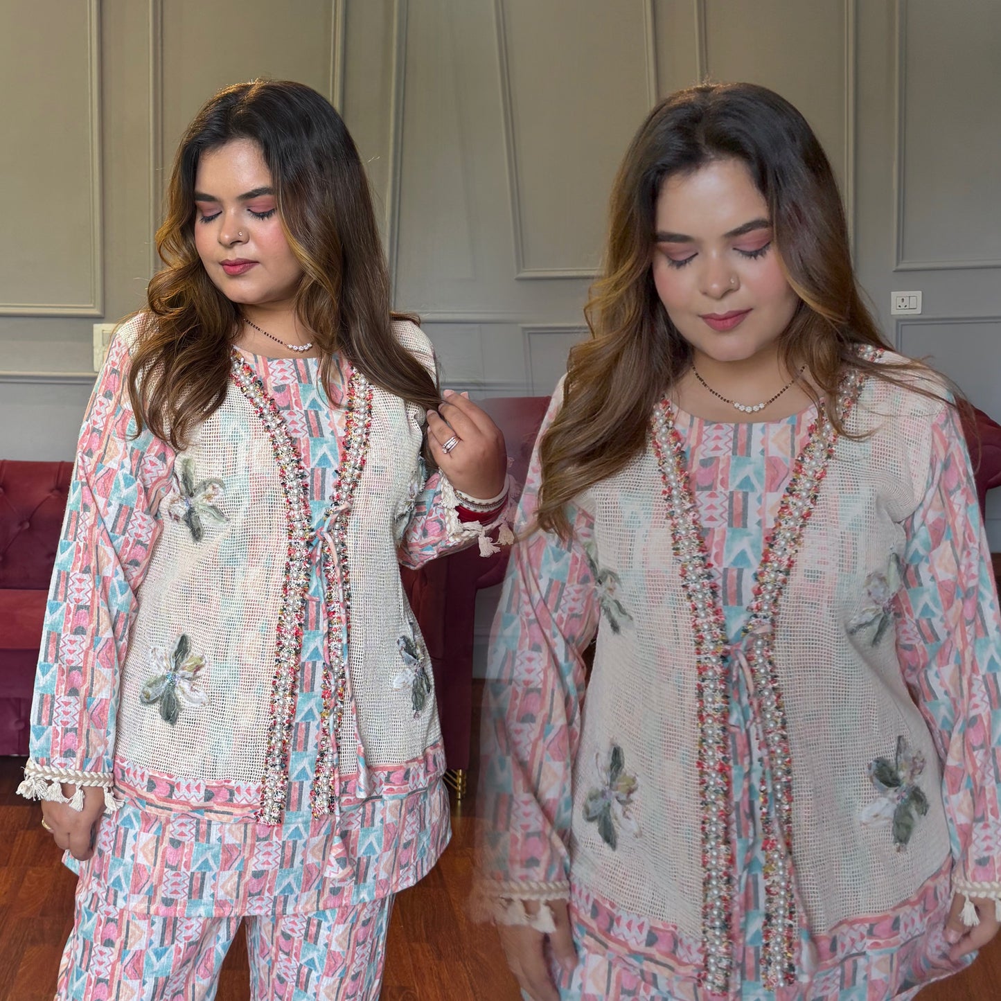 Designer Handwork Jacket Co-ord With Pearls & Appliqué Work