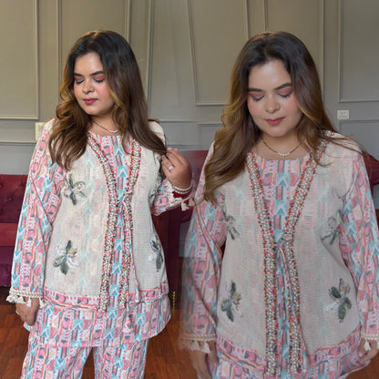 Designer Handwork Jacket Co-ord With Pearls & Appliqué Work