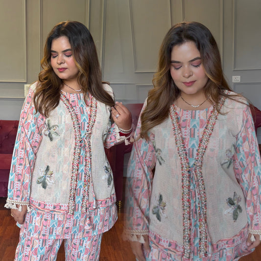 Designer Handwork Jacket Co-ord With Pearls & Appliqué Work