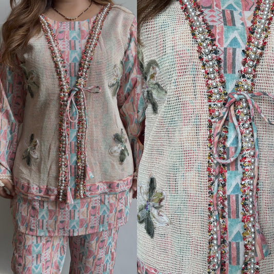 Designer Handwork Jacket Co-ord With Pearls & Appliqué Work