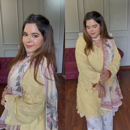 Butter Yellow Pakistani Premium Schiffli Cotton Suit With Floral Duppatta 🌻